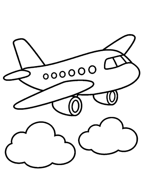 Airplane flying over two soft clouds coloring page