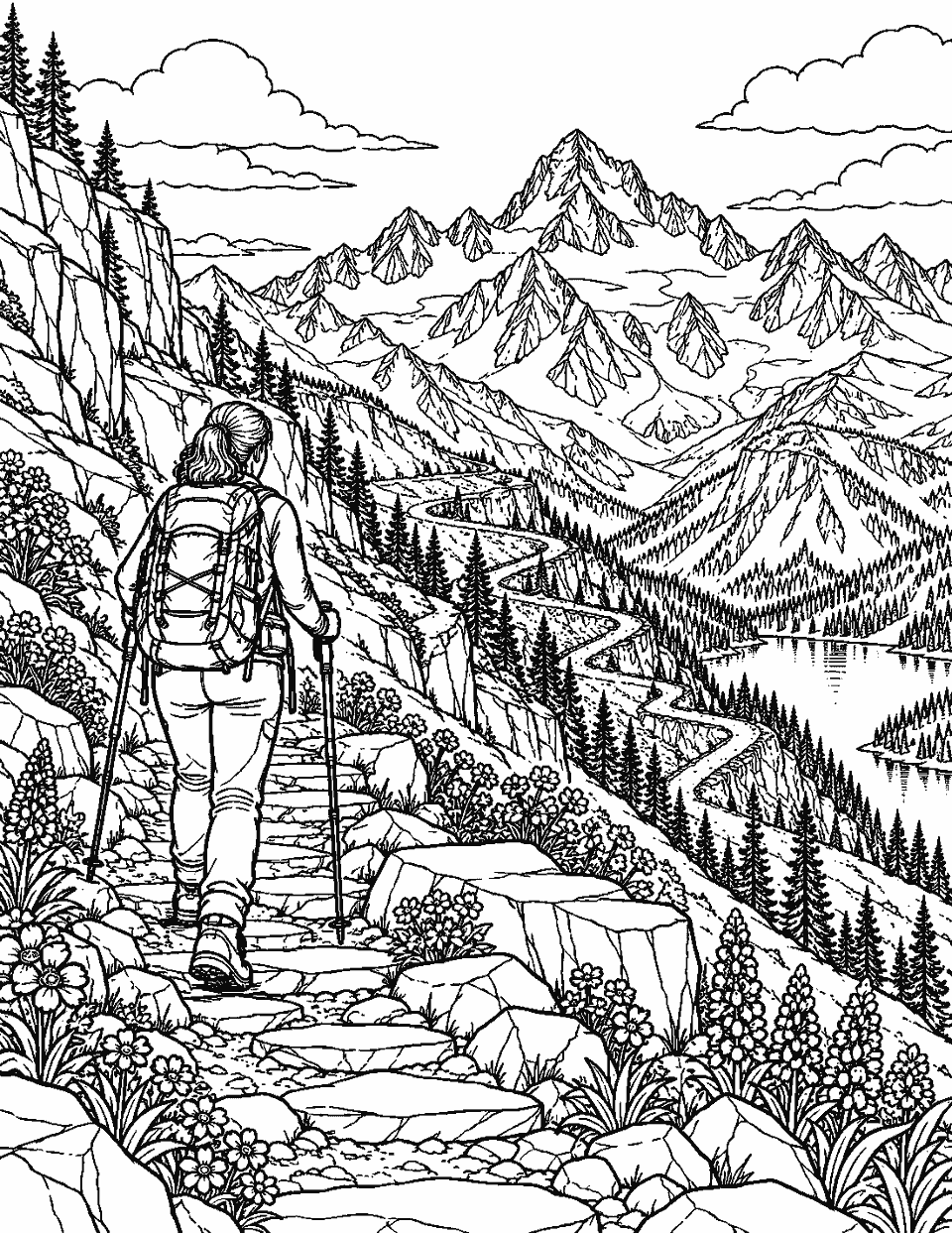 Alpine hiking scene with switchbacks and peaks coloring page, black and white line art