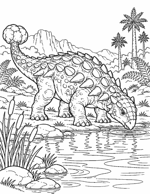 Ankylosaurus beside a prehistoric pond coloring page