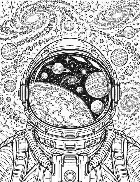 Astronaut helmet reflecting the galaxy coloring page