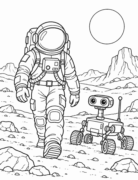 Astronaut and robot on Mars coloring page
