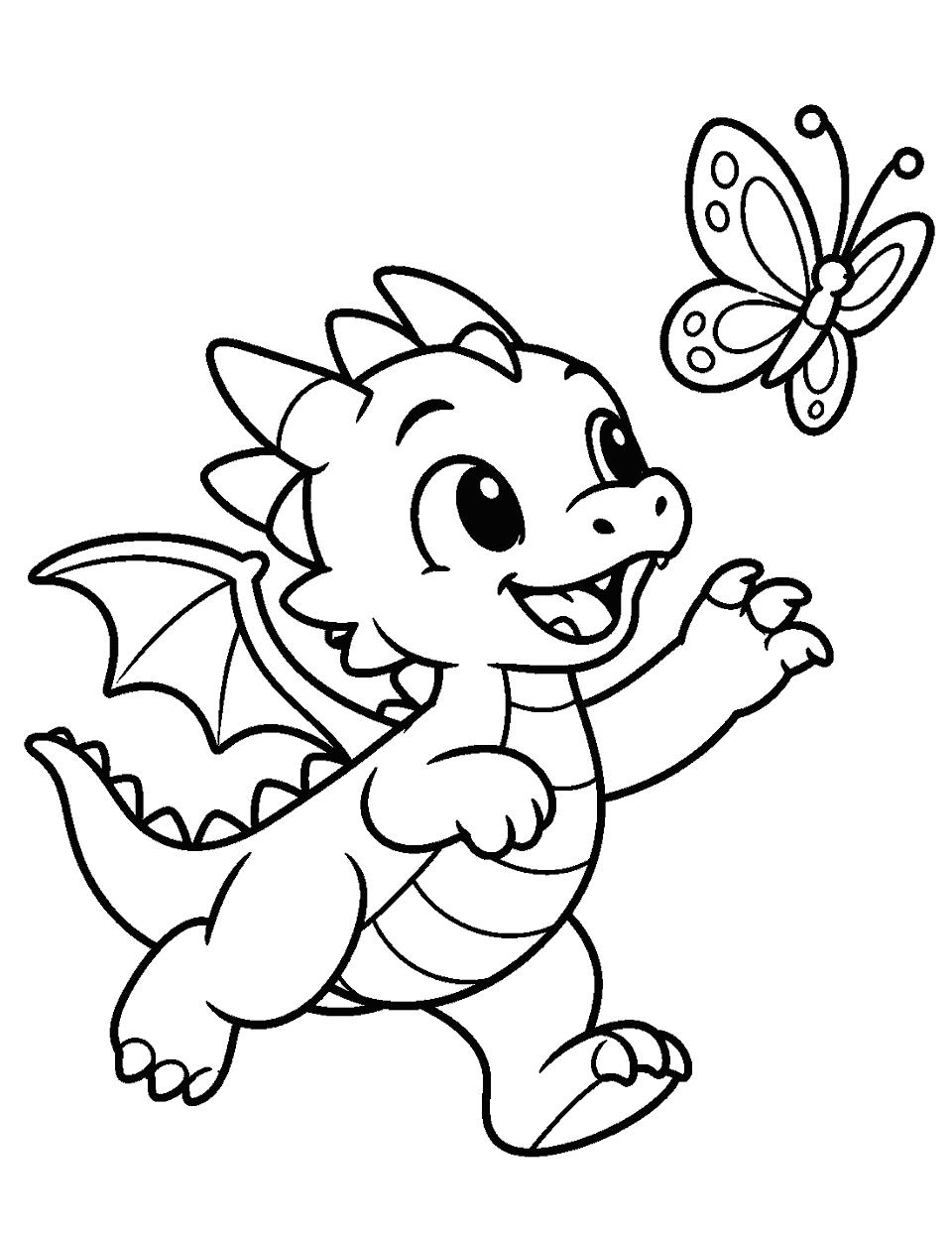 Baby dragon chasing a butterfly coloring page, black and white line art