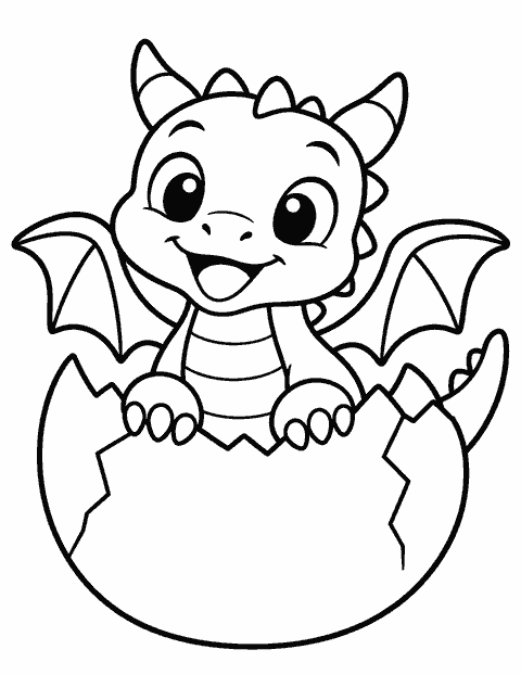 Baby dragon hatching from an egg coloring page