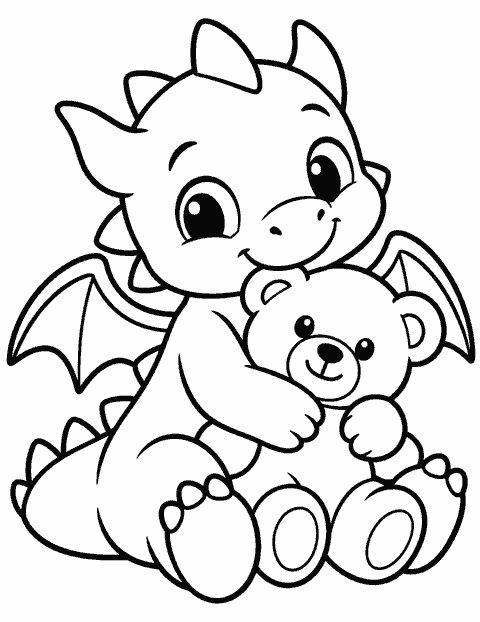 Baby dragon hugging a teddy bear coloring page