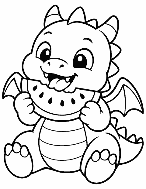 Baby dragon eating watermelon coloring page