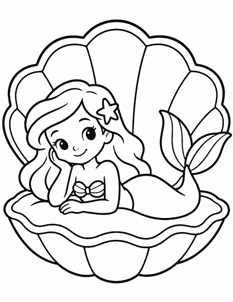 Baby mermaid resting in a clam shell coloring page