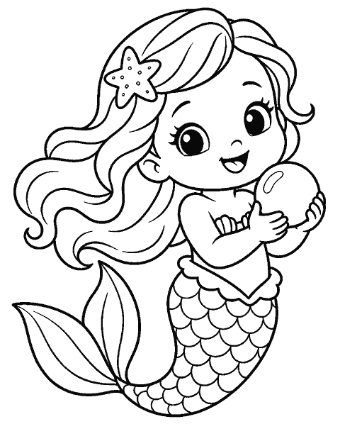 Baby mermaid holding a round pearl coloring page