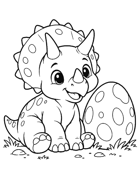 Baby triceratops sitting beside a large egg coloring page