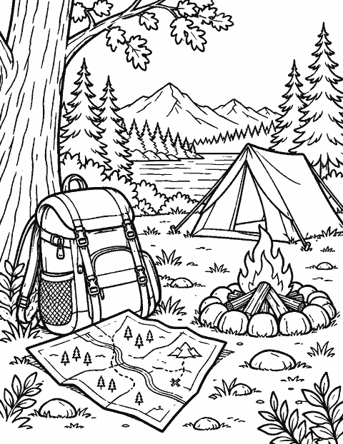 Backpack and map beside a forest campsite coloring page