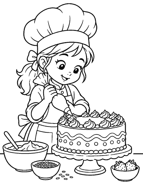 Baker decorating a birthday cake coloring page