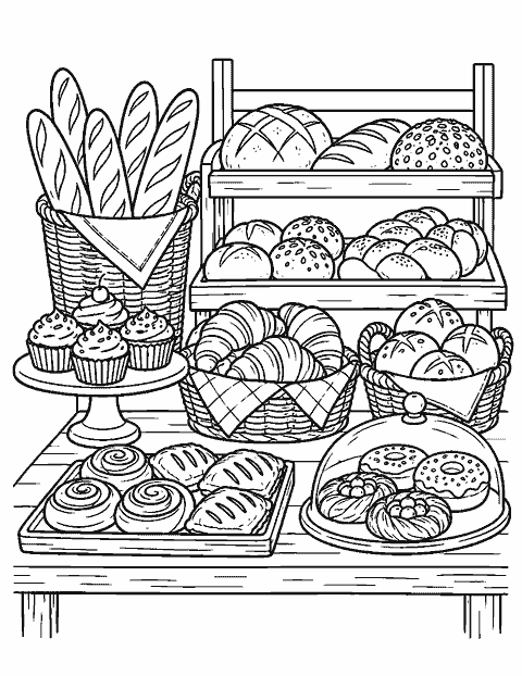 Bakery display with breads, pastries and baskets coloring page
