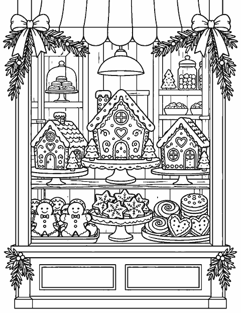 Bakery window stacked with gingerbread houses and cookies coloring page