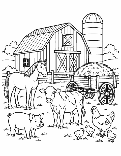 Barnyard scene with silo, wagon and animals coloring page