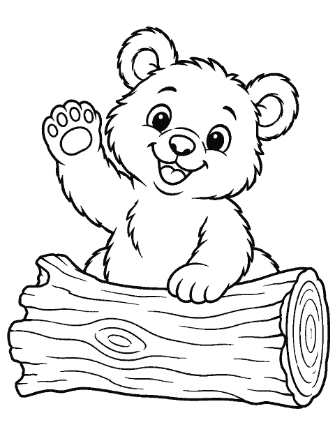 Bear cub waving from a log coloring page