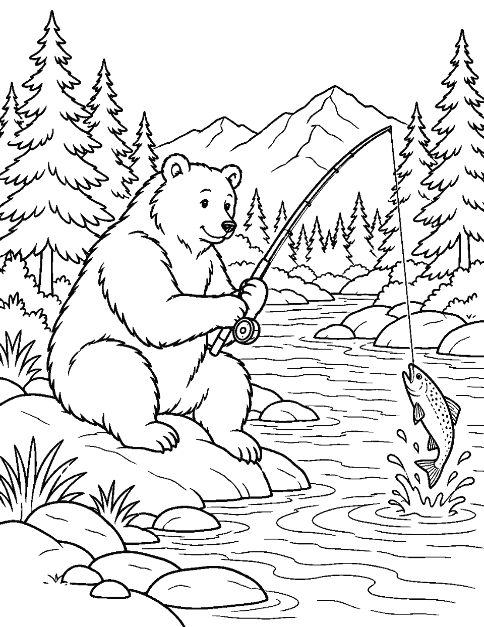 Bear fishing beside a pine-lined river coloring page, black and white line art