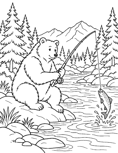 Bear fishing beside a pine-lined river coloring page