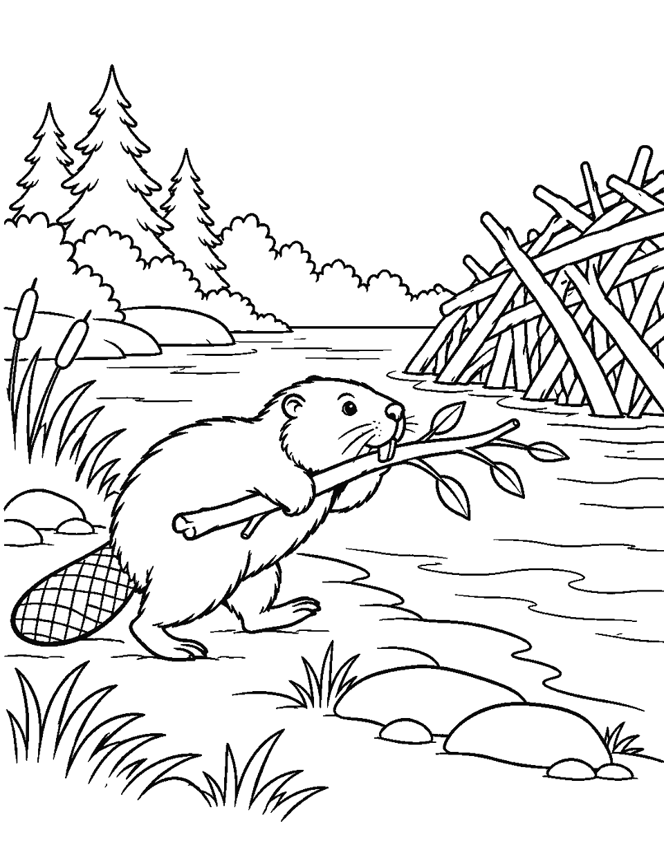 Beaver carrying a branch toward a dam coloring page, black and white line art