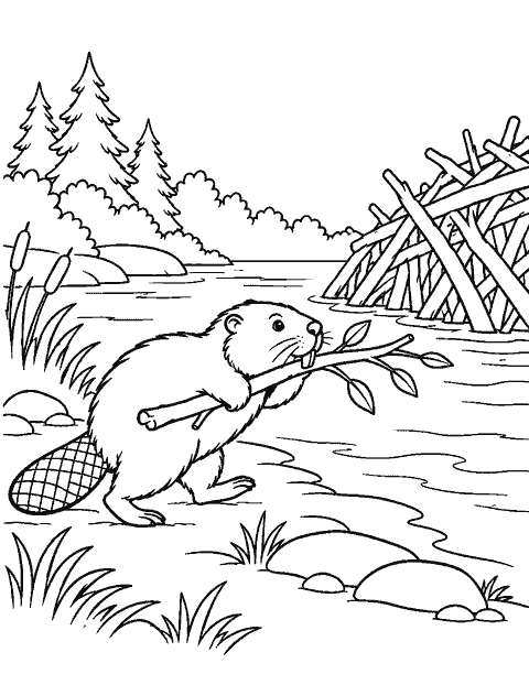 Beaver carrying a branch toward a dam coloring page