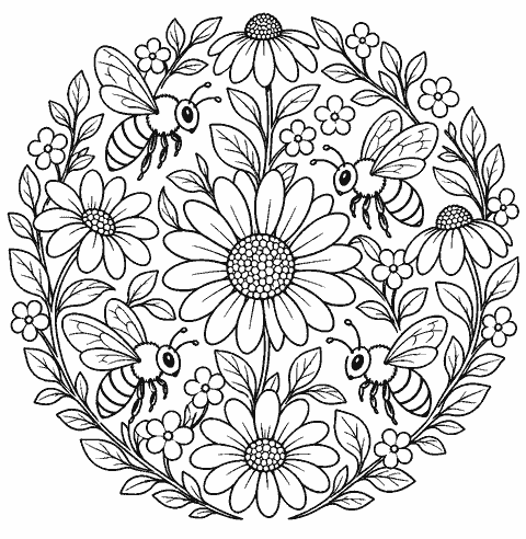 Bee-and-flower mandala with roomy wings and petals coloring page
