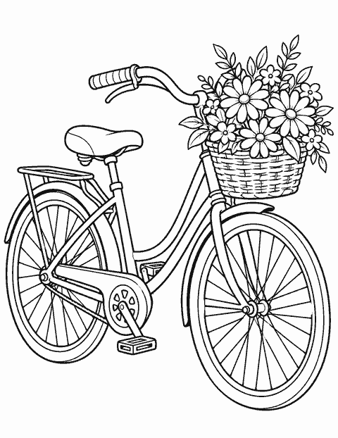 Bicycle with a flower basket coloring page