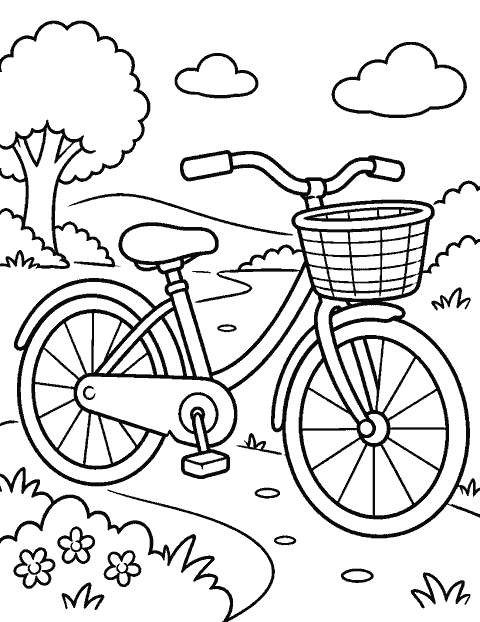Bicycle with a front basket on a path coloring page