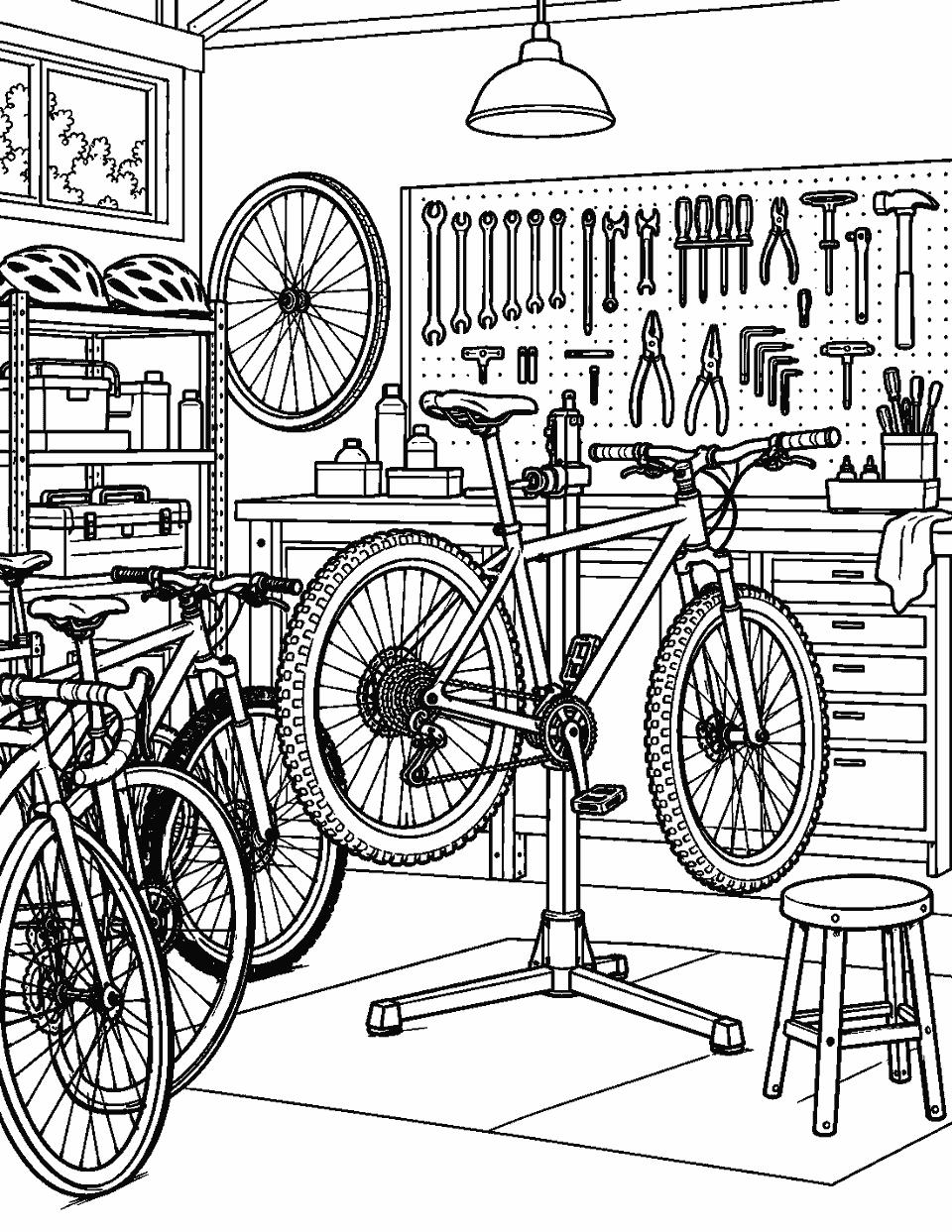 Bicycle workshop with tools and parked bikes coloring page, black and white line art