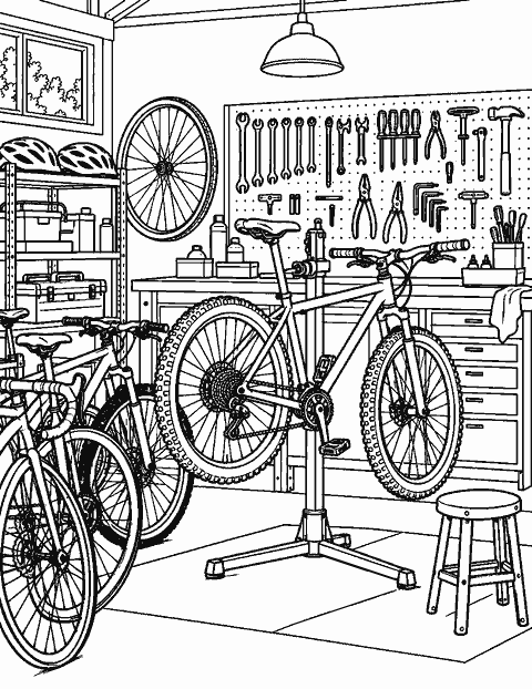 Bicycle workshop with tools and parked bikes coloring page