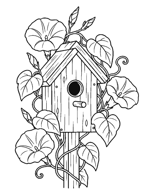 Birdhouse surrounded by climbing morning glories coloring page