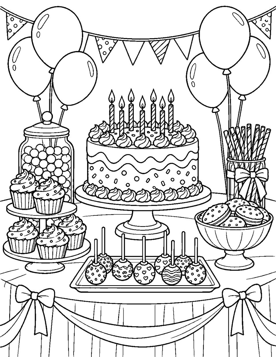 Birthday party table with cake and treats coloring page, black and white line art