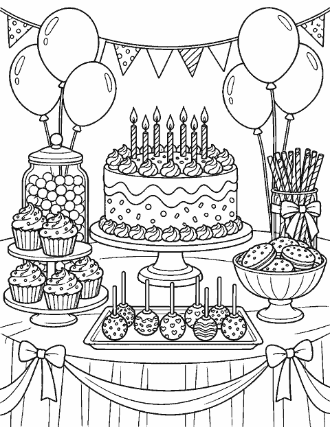 Birthday party table with cake and treats coloring page