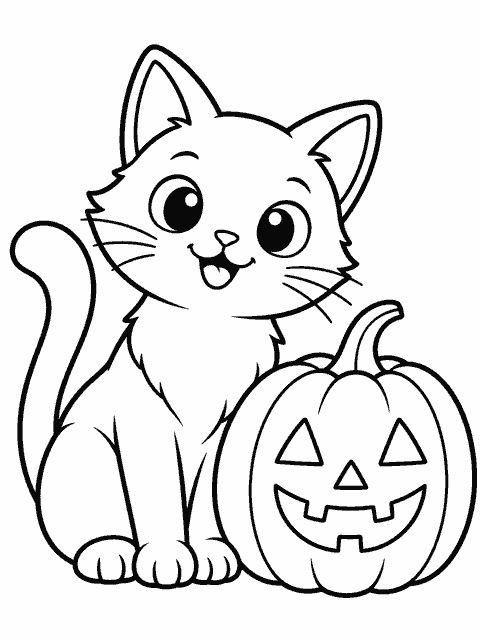 Black cat beside a pumpkin coloring page