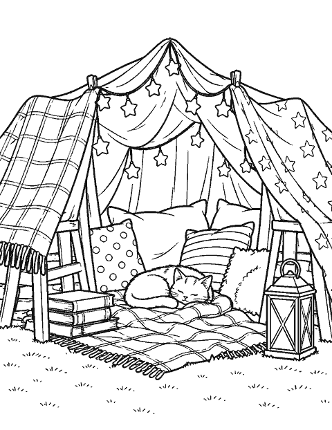 Blanket fort lit by a string of stars coloring page