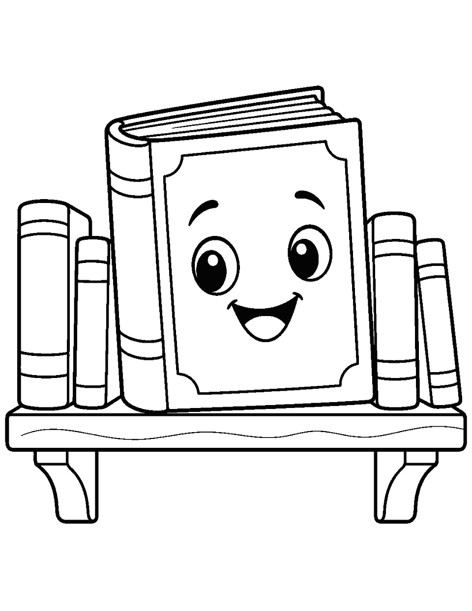 Book with a smiling face on a shelf coloring page, black and white line art