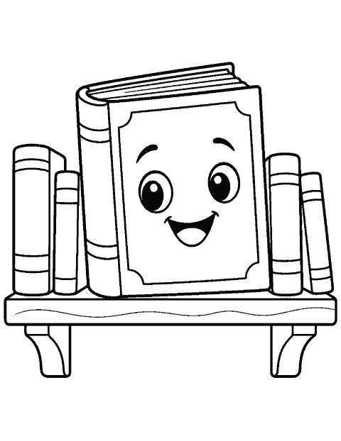 Book with a smiling face on a shelf coloring page