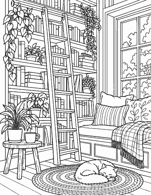Bookshop corner with ladder, plants and cushions coloring page
