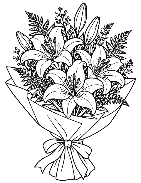 Bouquet wrapped in paper with lilies and ferns coloring page