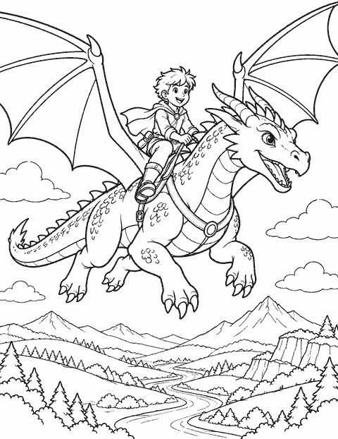 Boy flying on a dragon coloring page