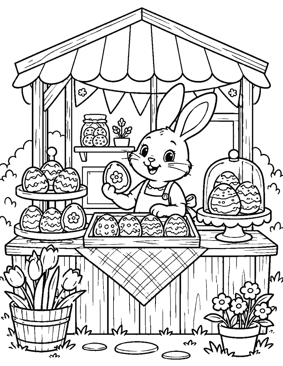 Bunny bakery selling egg-shaped cookies coloring page, black and white line art