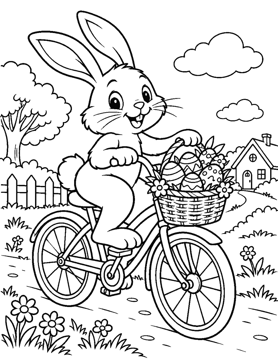Bunny delivering an egg basket on a bicycle coloring page, black and white line art