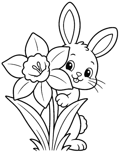 Bunny peeking from behind a spring flower coloring page