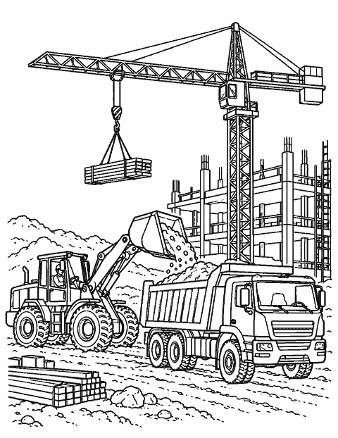 Busy construction site with crane, loader and truck coloring page