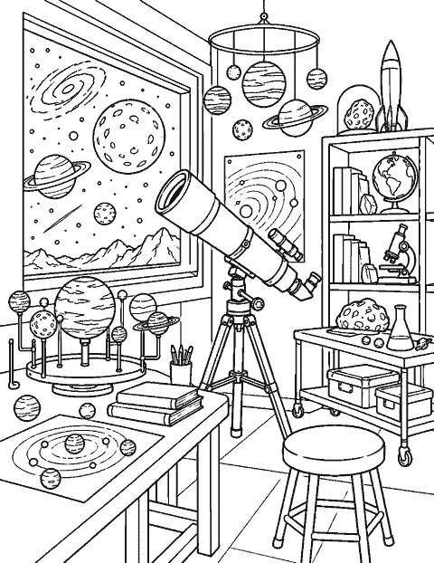 Busy space laboratory with telescope and planet models coloring page