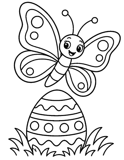 Butterfly flying over a patterned egg coloring page