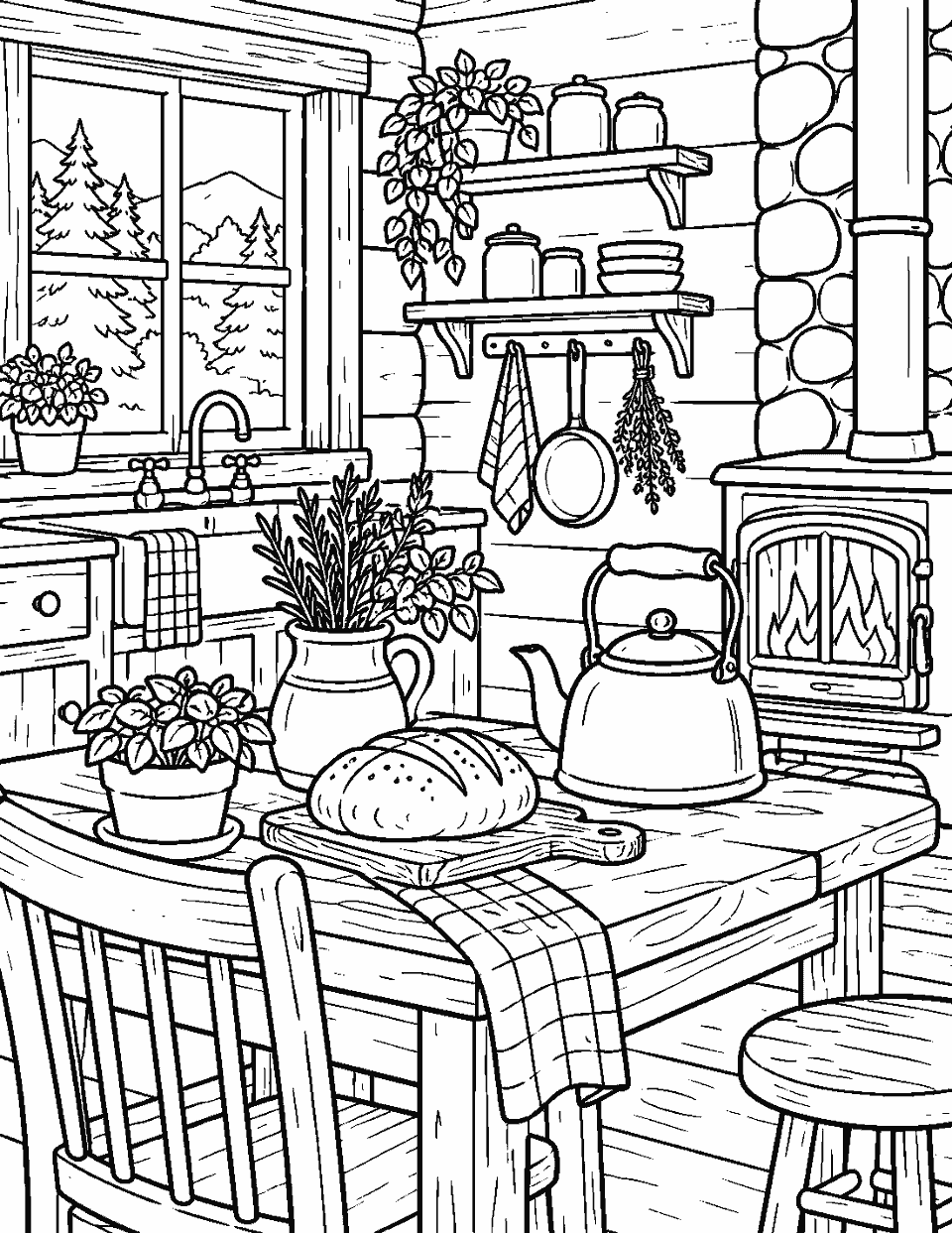 Cabin kitchen with kettle, bread and herb pots coloring page, black and white line art