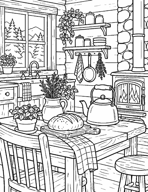 Cabin kitchen with kettle, bread and herb pots coloring page