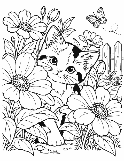 Calico kitten hiding among oversized flowers coloring page