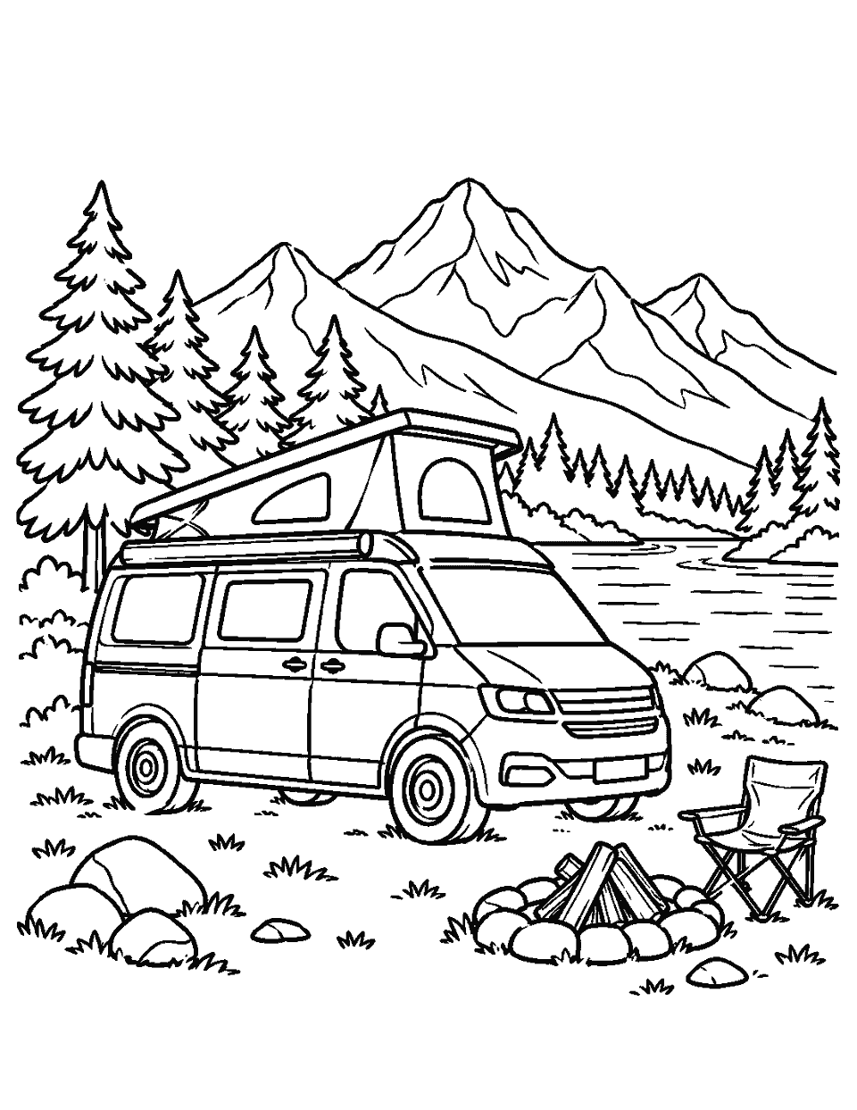 Camper van parked beside mountains and pine trees coloring page, black and white line art