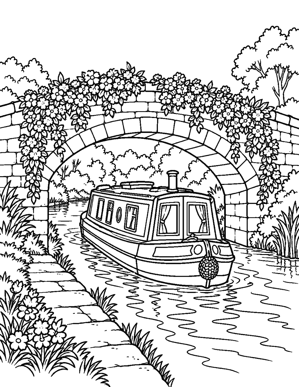 Canal boat passing under a flower-covered bridge coloring page, black and white line art
