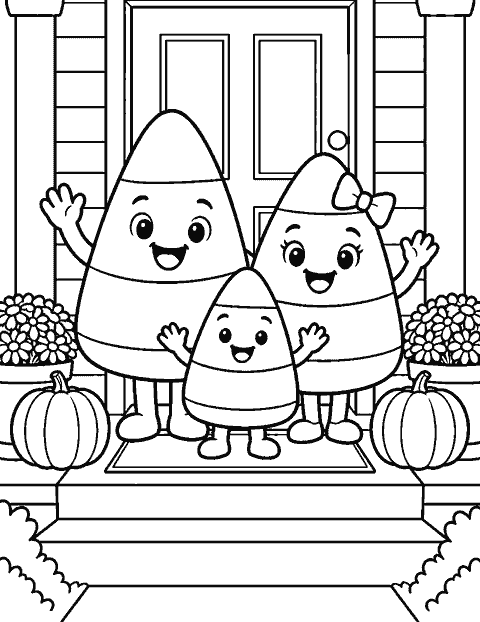 Candy corn family waving from a doorstep coloring page