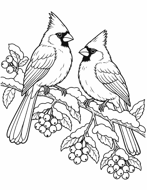 Cardinals on a snowy branch coloring page